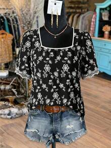 EMERY ROSE Plus Size Women Floral Embroidery Square Collar Short Sleeve Casual Boho Shirt Vacation Black And White Summer Business - Black - View 3