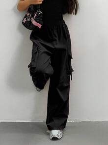 Teen Girls' Fashionable Versatile Solid Color Cargo Pants - Black - View 6