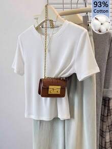 SHEIN Frenchy 女款 93% 棉羅紋圓領短袖修身 T-shirt，白色夏季基礎款日常法式復古柔軟極簡內搭上衣，Clean Girl 風格上衣 - 黑色 - 查看 2