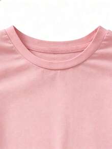 Camiseta de manga corta con cuello redondo y estampado de niña de dibujos animados de estilo K-POP, de color rosa, de moda informal para niñas, adecuada para el verano - Rosa - Ver 5
