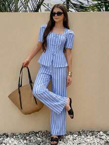 SHEIN Sparklyn 两件套少女T恤套装，蓝白条纹泡泡袖短款上衣搭配休闲直筒裤，女士夏季套装，女士两件套，夏季女士夏季套装，春季女装 - 藍色 - 查看 2