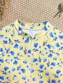 SHEIN Yellow Base With Blue Ditsy Floral One-Piece Swimsuit For Tween GirlsSun Protection Casual Beach Holiday Swimming - Multicolor - View 3