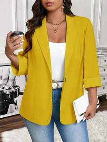 SHEIN LUNE Blazer de talla grande para mujer, de unicolor, para uso casual o laboral - Amarillo - Ver 6