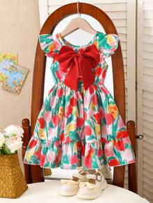 SHEIN Elladie kids 女童优雅花卉蝴蝶结印花圆领喇叭袖露背蝴蝶结装饰腰部荷叶边下摆休闲时尚连衣裙，适合度假旅行，夏季穿着 - 紅色 - 查看 2
