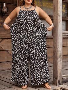 SHEIN CURVE+ Bộ áo liền quần nữ cỡ lớn họa tiết hoa, dây mảnh, thích hợp cho ngày Quốc khánh 4 tháng 7, ngày 1 tháng 7/trang phục tốt nghiệp màu đỏ, trắng và xanh dương, áo liền quần mùa xuân/hè. - Nhiều màu - Xem 2