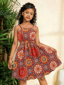 Tween Girl Floral Print Cutout Waist Cami Dress, Vacation - Multicolor - View 5