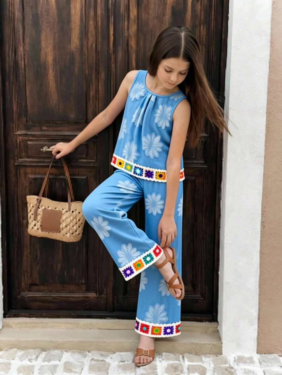 SHEIN 两件套女童纯色梭织背心上衣和阔腿裤套装,休闲装,饰有彩色钩编滚边,适合春夏日常穿着。 - 藍色 - 查看 1