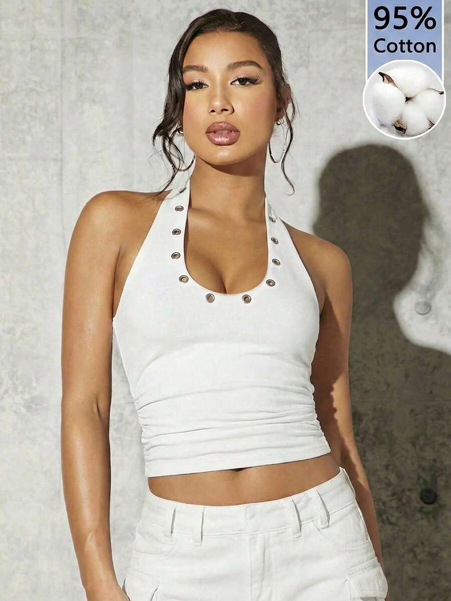 SHEIN BAE 95%纯棉女士休闲露背紧身吊带背心，女士休闲装，女士夏季服装 - 彩色 - 查看 1
