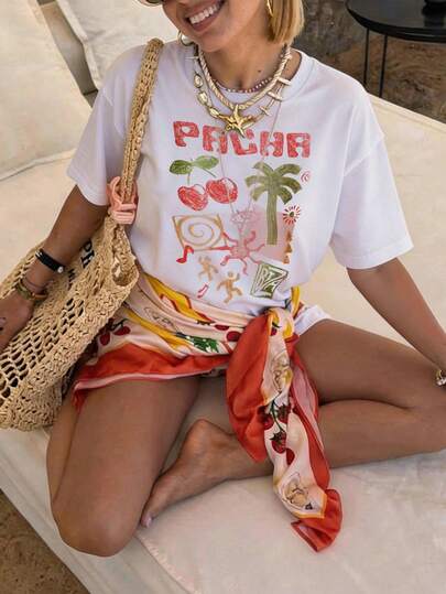 DrmWander 夏季上衣套装，樱桃太阳元素英文字母印花，休闲时尚，度假旅行必备，适合春夏季节