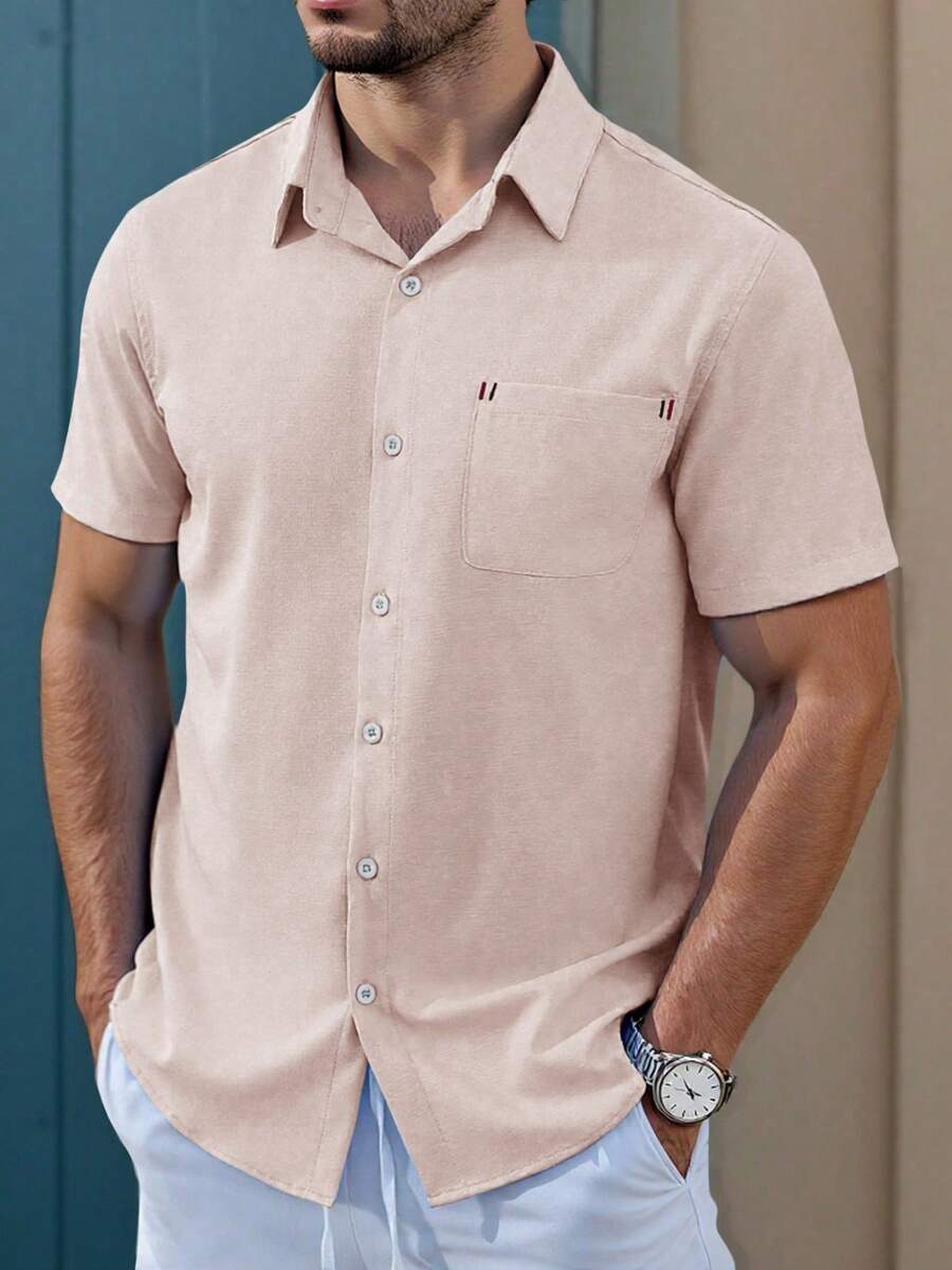 Manfinity Homme Men's Solid Color Short Sleeve Single-Breasted Pocket Casual Shirt - Pink - View 1