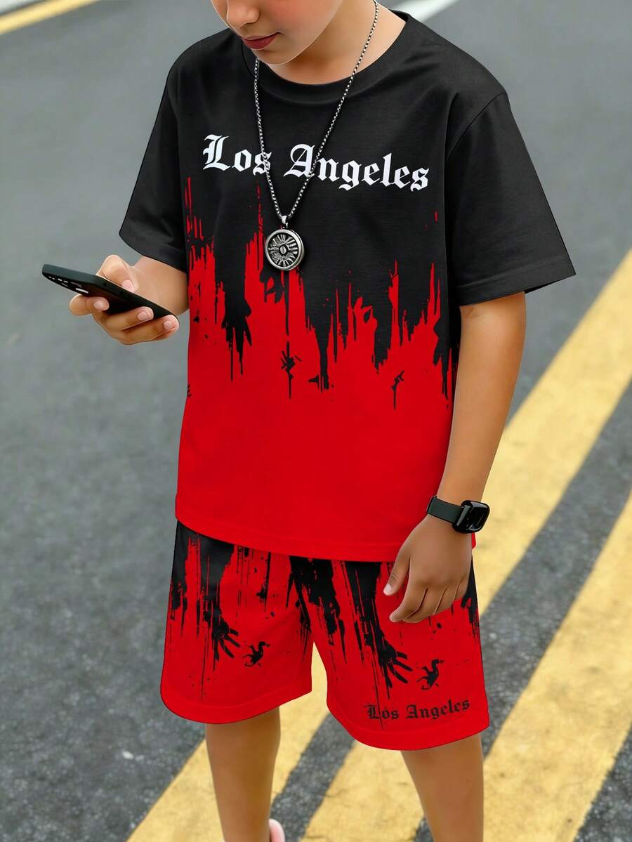 青少年男孩黑色夏季街頭風城市度假休閒高端潑墨字母標語圖案印花寬鬆T恤短褲套裝,日常穿著 - 彩色 - 查看 1