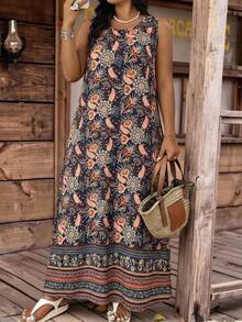 SHEIN CURVE+ Curve 尺码 US22 音乐节、海滨度假、波西米亚风女士无袖度假腰果印花口袋连衣裙 夏季女装 欧洲夏季 - 彩色 - 查看 5