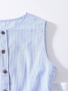 SHEIN XT26211 两件套青少年夏季复古马匹印花背心短裤套装，舒适休闲，适合日常通勤和度假穿着 - 藍色 - 查看 6