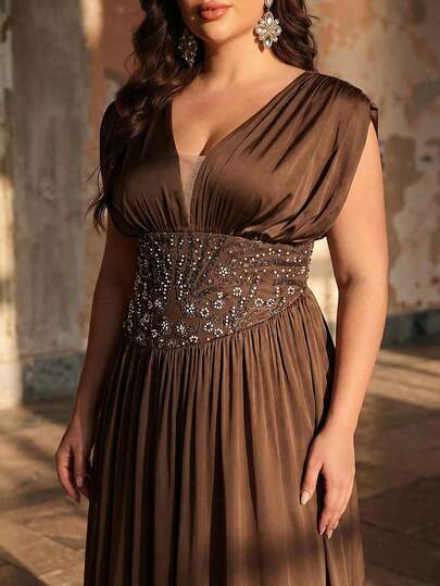 Aureia Plus Size Elegant Luxurious Brown Beaded Embroidered Patchwork Elastic Satin V-Neck Ruched Short Sleeve Asymmetric Waist Fitted A-Line Hem Dress, Suitable For Evening Party, Date, Wedding, Formal Occasion (Intricate Design) Plus Size Gown Glamorous Plus Size Formal Dress Elegant Plus Size Evening Dresses Plus Size Evening Gowns Plus Size Elegant Gowns