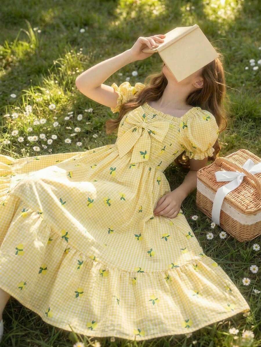 SHEIN Teen GirlFloral Print Sleeveless Dress - Yellow - View 1