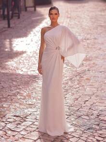 Aureia White,Spring,Elegant,Party,Wedding Minimalist Asymmetric Sleeve Waist Pleated Metal Buckle Flared Hem Maxi Dress,Suitable For Festivals,Galas,Concerts - Apricot - View 8