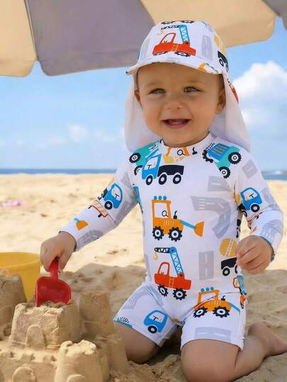 嬰兒男童泳衣/印花/連體/附帽