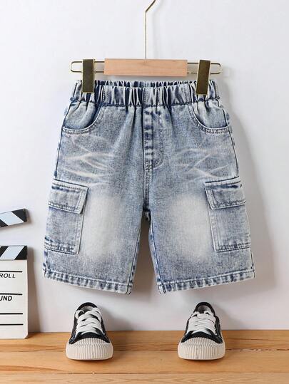 SHEIN Explorewe Quần short jean denim cho bé trai, kiểu dáng mới, màu xanh nhạt, chất liệu denim, cạp chun, túi lớn, rộng rãi, thoải mái, chất liệu cotton cao cấp, trang phục cơ bản hàng ngày đến trường, quần short denim cotton cho trẻ em, quần dài mùa hè cho bé trai.