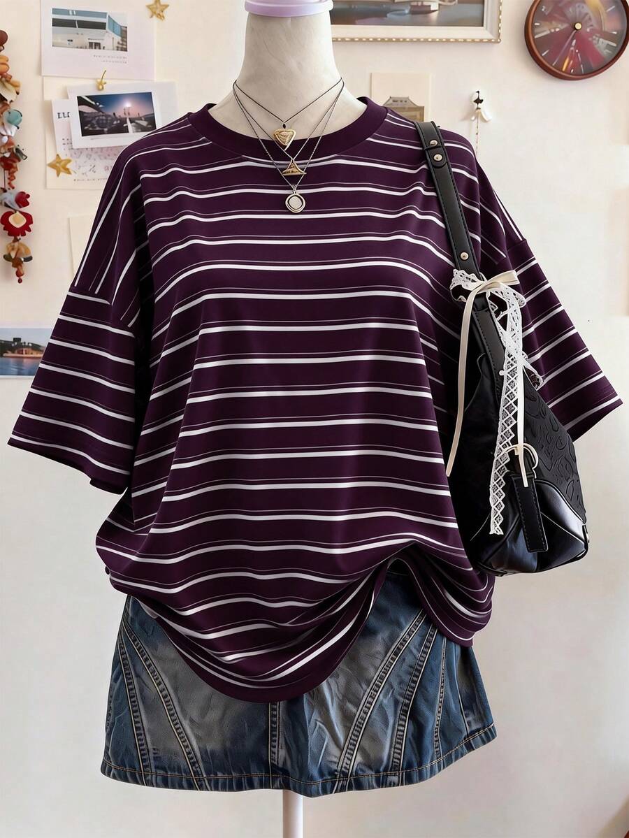 Lalippa Striped Digital Print Casual Loose Fit Mid-Length Round Neck Drop Shoulder Women T-Shirt, Gift For Friends - Multicolor - View 1