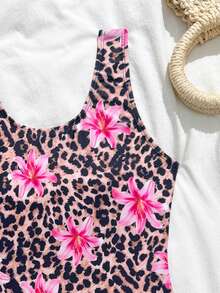 SHEIN 少女豹纹碎花连体泳衣，适合夏季度假、海滩、泳池、节日派对 - 彩色 - 查看 3