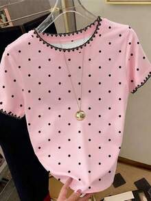 Resyla Shell Embroidered Polka Dot Pattern Round Neck Women's Printed T-Shirt - Multicolor - View 3