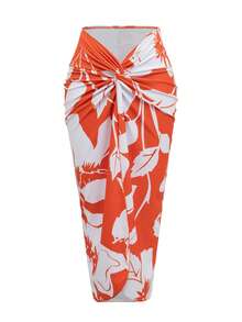 Swim Oasis 3pcs/Set Summer Vacation Solid Color Sexy Gold Accessories Bandeau Off Shoulder Bikini Set, High Waist Front Twist Cut-Out Maxi Dress - Multicolor - View 4