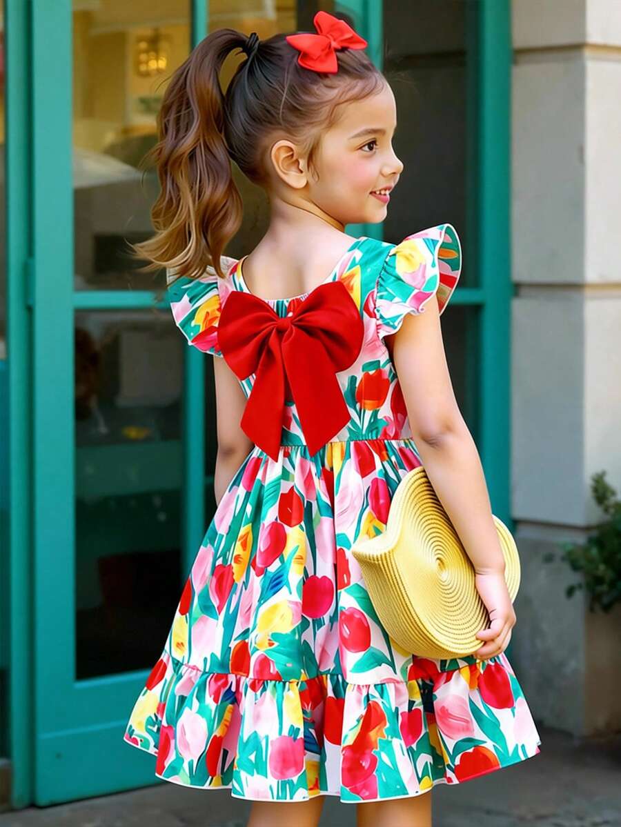 SHEIN Elladie kids 女童优雅花卉蝴蝶结印花圆领喇叭袖露背蝴蝶结装饰腰部荷叶边下摆休闲时尚连衣裙,适合度假旅行,夏季穿着 - 紅色 - 查看 1