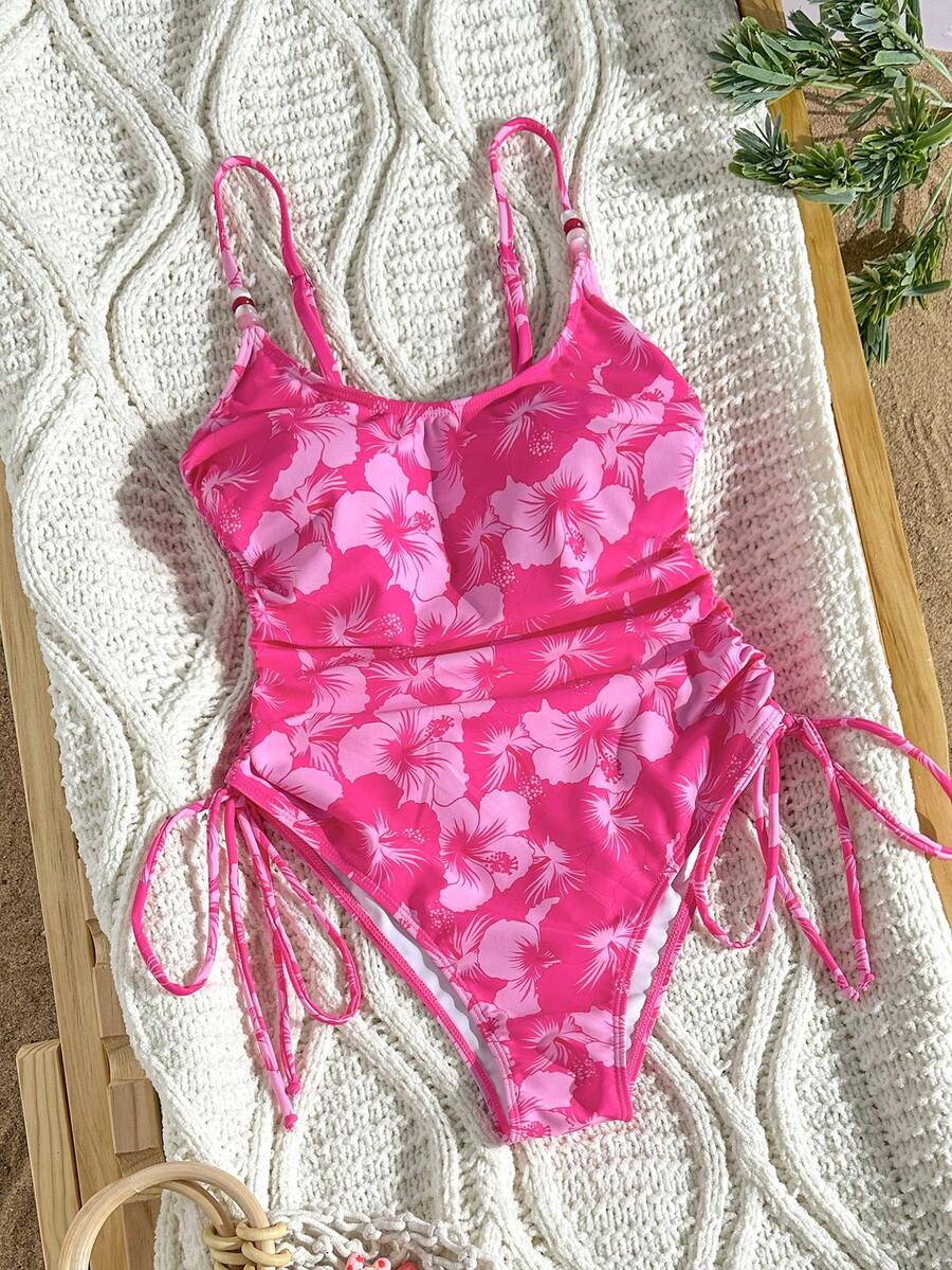 Swim Vcay Floral Print Side Drawstring One-Piece Swimsuit - Multicolor - View 1