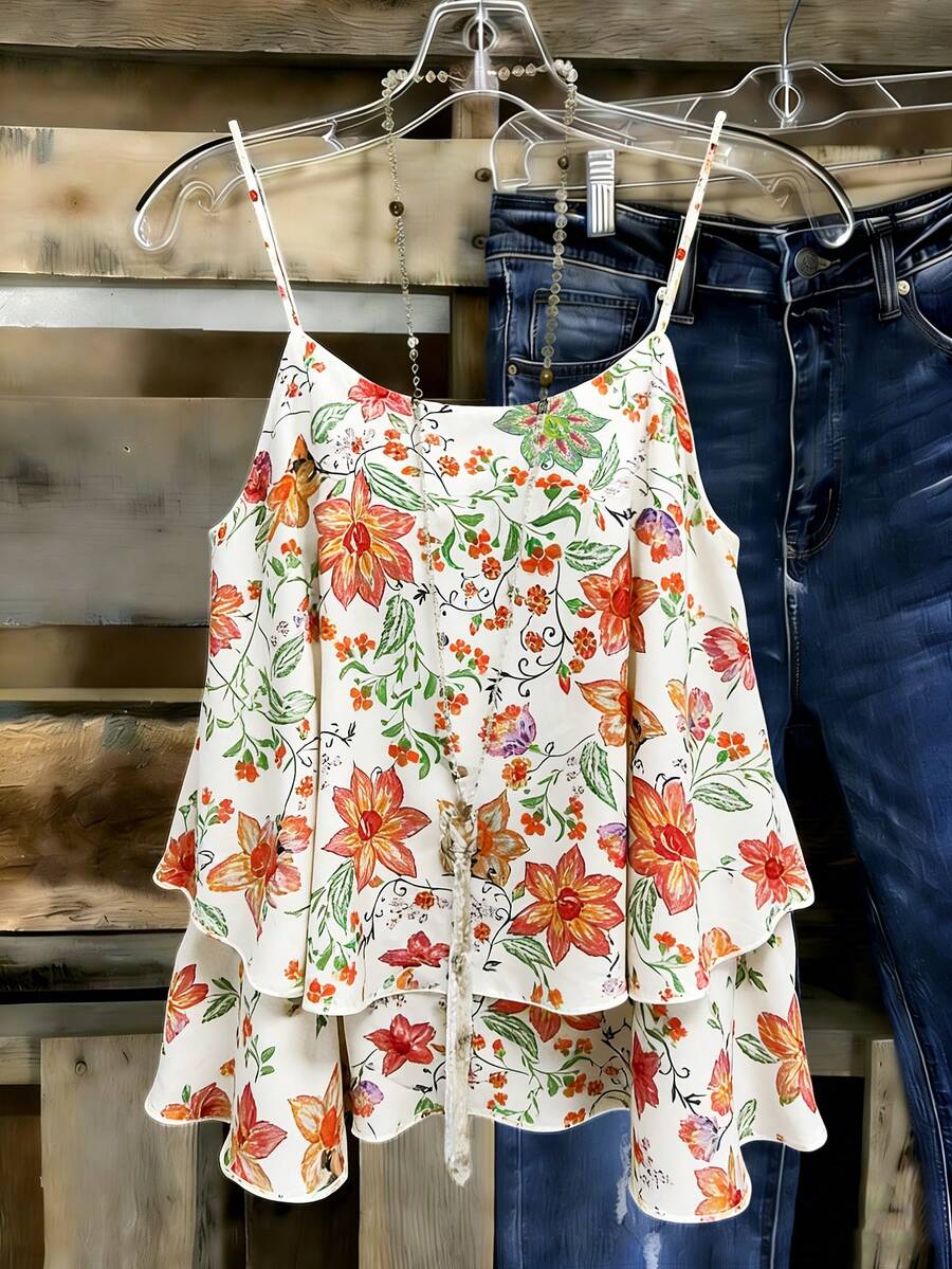 Linhara Blusa de verano con estampado tejido y escote halter para mujer de talla grande - Naranja - Ver 1