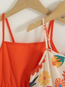 SHEIN Sparklyn 2pcs/Set Girls' Summer Sleeveless Dresses,Solid Orange-Red Floral Print,Ruffle Hem,Boho Holiday Vacation Beach Matching Dresses For Sisters,Loose Fit - Multicolor - View 8