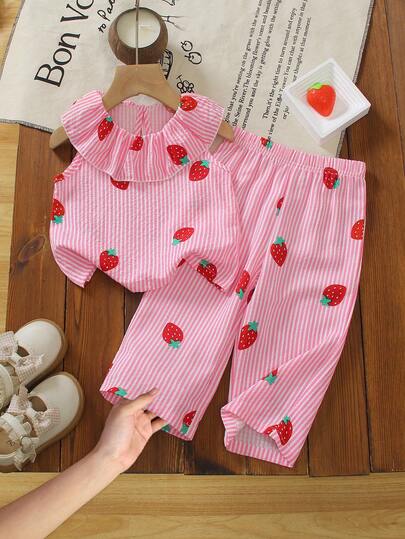 Genkimix Kids 两件套女婴甜美可爱公主风草莓印花无袖上衣和配套裤子套装，粉色条纹+3D草莓刺绣+荷叶边领，适合派对、亲子活动、日常穿着、返校季等场合。