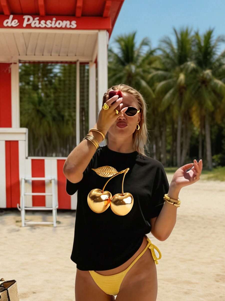 DrmWander Ropa de vacaciones, primavera y resort para mujer, blusas negras primaverales con estampado de cerezas, camisetas para mujer, blusas doradas para mujer, camisetas negras para mujer - Negro - Ver 1