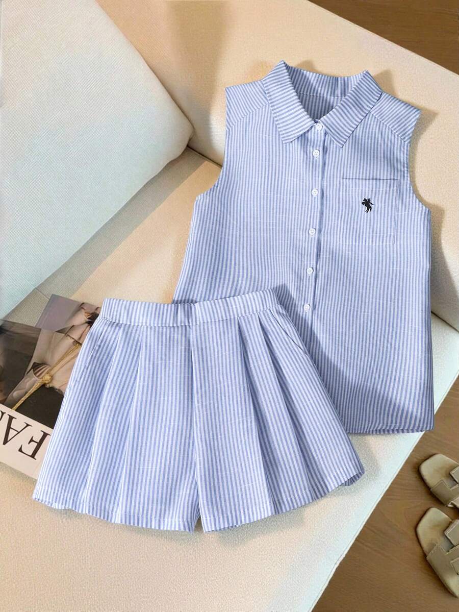 SHEIN Elladie kids Teen Girl Linen Camisole & Shorts Set,Sleeveless Shirt & Shorts Outfit,Loose Comfortable Summer Casual Holiday Back-To-School Wear - Blue - View 1