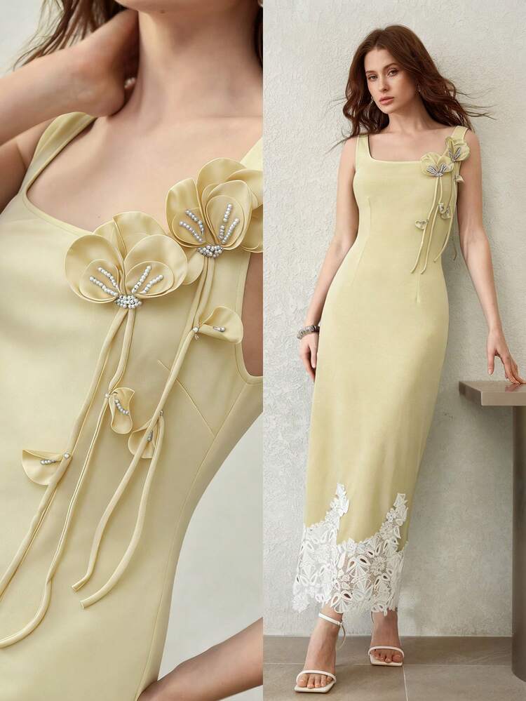 WOMEN'S ELEGANT ROSE APPLIQUE KNIT DRESS