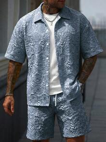 Manfinity CasualCool Men's Casual Jacquard Shirt And Shorts Set - Dusty Blue - View 6