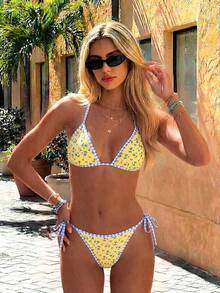 Swim Mod Bộ bikini hai mảnh màu vàng họa tiết hoa, dây đeo điều chỉnh được, kiểu dáng cắt cao, thích hợp cho kỳ nghỉ hè 2026, dành cho nữ, thích hợp cho kỳ nghỉ lễ. Bộ bikini hai mảnh họa tiết hoa màu vàng. - Nhiều màu - Xem 1