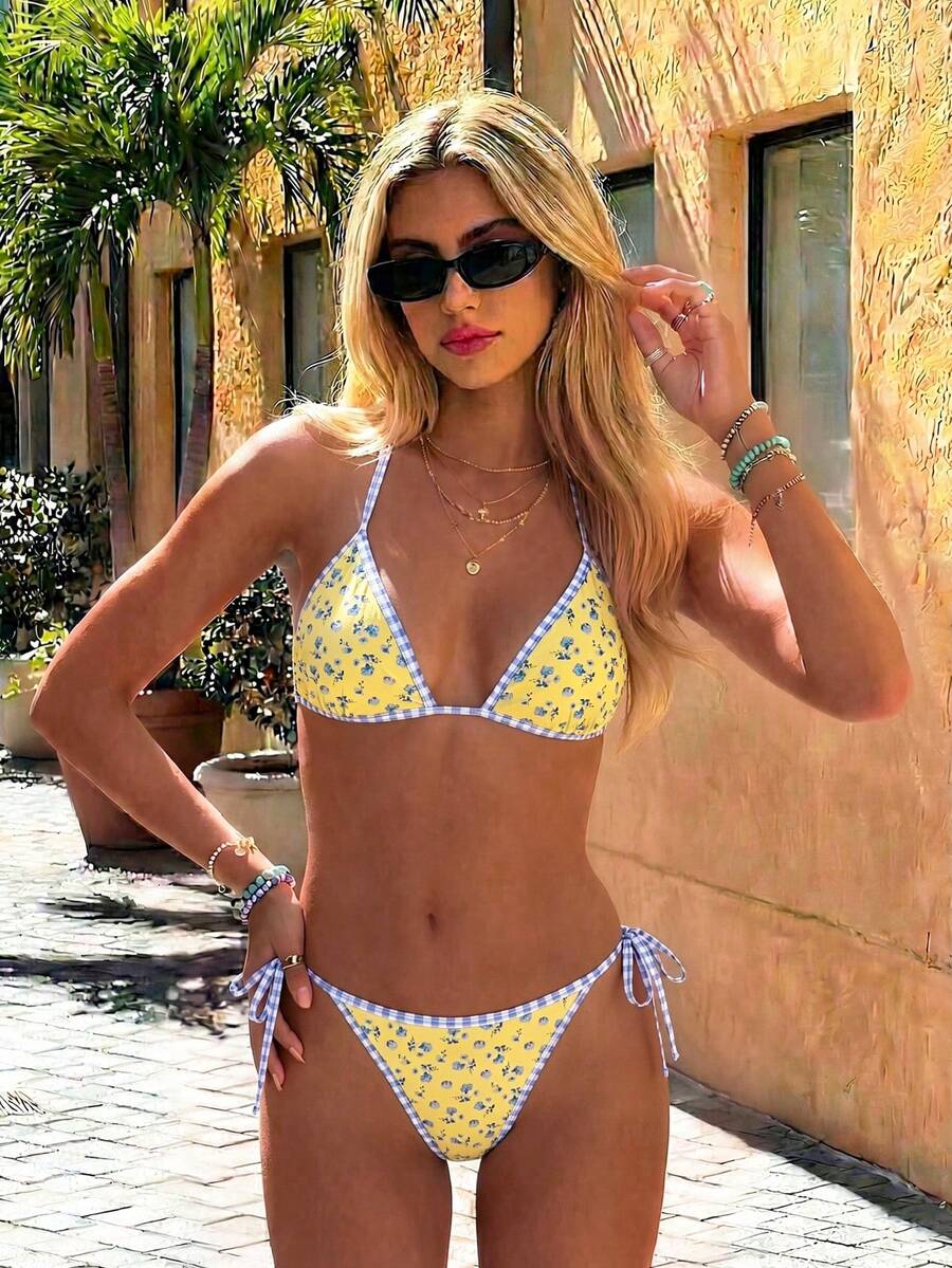 Swim Mod Bộ bikini hai mảnh màu vàng họa tiết hoa, dây đeo điều chỉnh được, kiểu dáng cắt cao, thích hợp cho kỳ nghỉ hè 2026, dành cho nữ, thích hợp cho kỳ nghỉ lễ. Bộ bikini hai mảnh họa tiết hoa màu vàng. - Nhiều màu - Xem 1