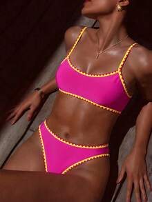 Bonvoyette 2026 Frühling/Sommer 2-teiliges Bikini-Set für Frauen mit Fuchsia- und Gelb-Kontrastbesatz und verstellbaren Trägern - Heißes Pink - Übersicht 7