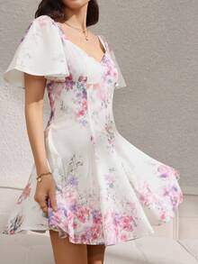 Rafferiza 女士碎花方领连衣裙，短袖浪漫碎花优雅迷你连衣裙 - 杏色 - 查看 7