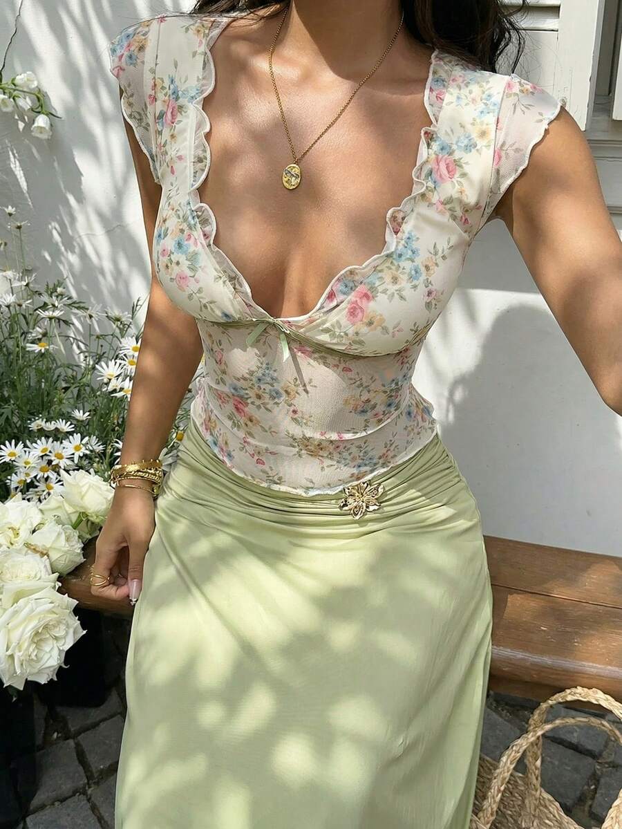 Sunnyshic 女士休闲甜美度假时尚百搭外出派对花卉网纱印花拼接撞色蕾丝边方领短袖修身短款T恤,夏季 - 彩色 - 查看 1