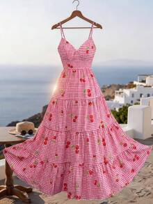 SHEIN Franclia Đầm hai dây màu hồng anh đào dáng xòe, thắt eo, dễ thương, thoải mái cho kỳ nghỉ hè, đầm mùa hè cho nữ, đầm anh đào cho nữ, đầm maxi mùa hè cho nữ, đầm dã ngoại, đầm hồng mùa hè, đầm nơ sau lưng, đầm maxi kẻ caro, đầm kẻ caro, đầm dâu tây cho nữ, đầm maxi cho nữ, đầm maxi nơ sau lưng, đầm dài mùa hè, đầm anh đào Gigi, đầm kẻ caro hồng, đầm dã ngoại cho nữ, đầm in hình anh đào, đầm nữ, đầm in hình anh đào cho nữ, đầm cho nữ, đầm đi nghỉ hè, đầm dã ngoại cho nữ, đầm kẻ caro - Hồng - Xem 2