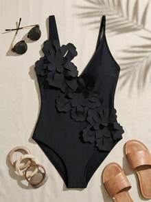 Swim Chiccia 1 bộ đồ bơi một mảnh màu trơn đi biển mùa hè cho nữ có họa tiết hoa 3D độc đáo ở phía trước - màu đen - Xem 6