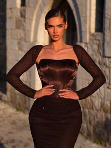 Aureia Elegant Luxury Sheer Long Sleeve Off Shoulder Mermaid Design Sequin Embroidered Ruched Waist Fishtail Hem Evening Gown, Suitable For Festivals, Weddings, Galas, Concerts, Business Banquets And Other Events - Khaki - View 4