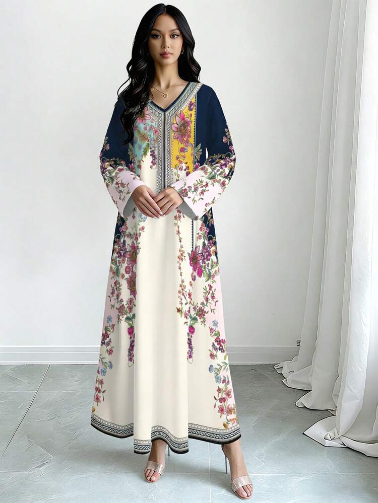 SHEIN Najma Gaun Lengan Panjang V-Leher Bercorak Bunga & Tumbuhan Vintaj, Gaun Panjang Blok Warna Tampalan Bunga Elegan, Musim Bunga/Panas - Pelbagai warna - Lihat 4