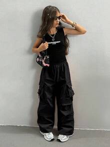 Teen Girls' Fashionable Versatile Solid Color Cargo Pants - Black - View 4