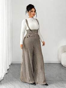 SHEIN Tall CURVE 大码女式千鸟格纽扣设计阔腿连体裤 - 咖啡棕 - 查看 6
