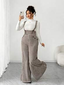 SHEIN Tall CURVE 大码女式千鸟格纽扣设计阔腿连体裤 - 咖啡棕 - 查看 7