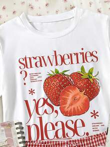 SHEIN Sparklyn 2件套女童草莓图案短袖圆领露脐上衣+条纹休闲短裤，可爱蝴蝶结装饰，适合春夏休闲、日常穿着、外出。 - 紅色 - 查看 6