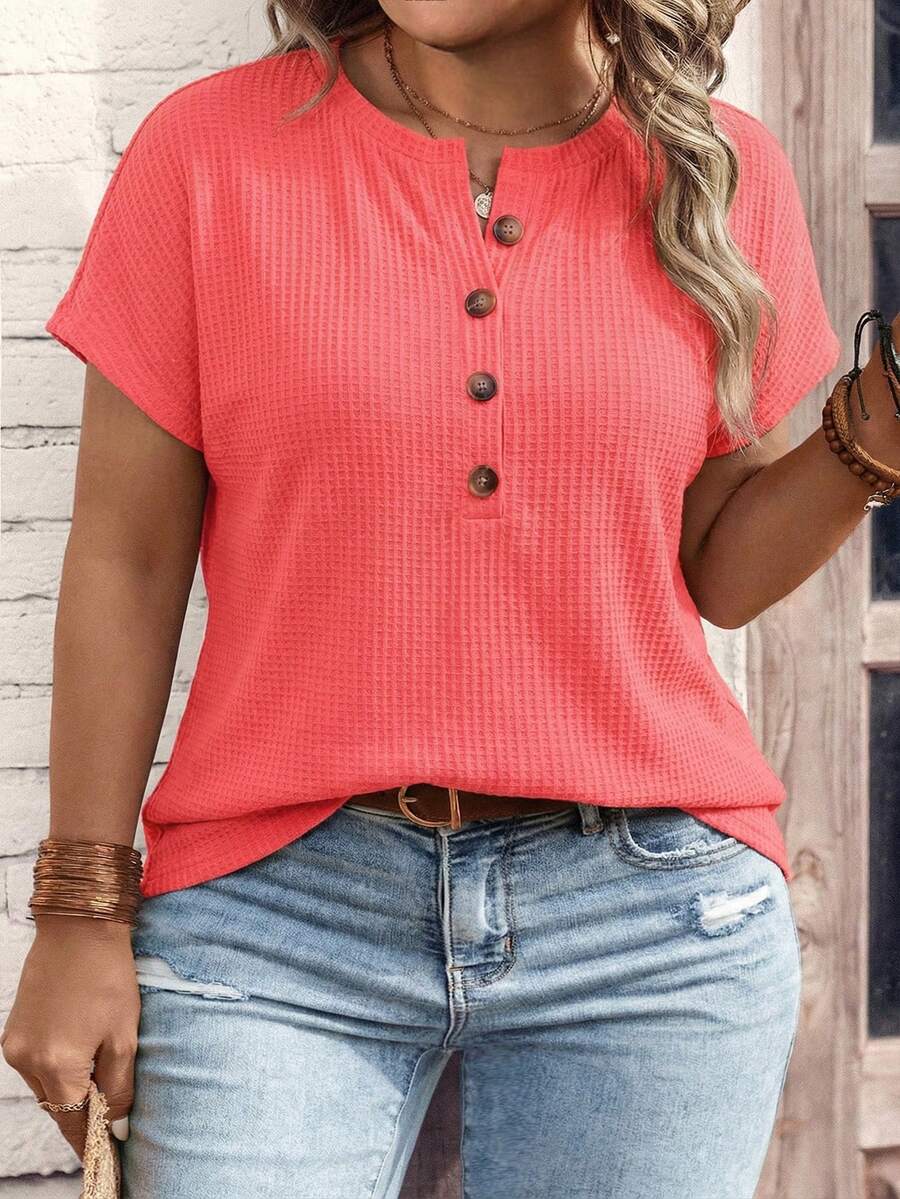 Selamara Fashionable Casual Basic Bestselling Neon Red Textured Waffle Fabric Raglan Sleeve Plus Size T-Shirt With Button Placket Design - Red - View 1