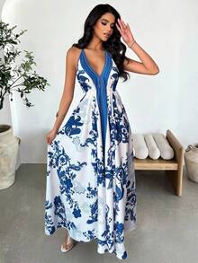 Vavine Vestido de tirantes con estampado de anacardo para vacaciones de mujer - Azul y blanco - Ver 4